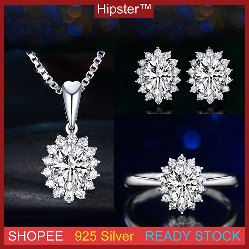 Full Kim Cương Sapphire Công Chúa Vương Miện Vòng Cổ Bộ Nhẫn Đính Bông Tai Dây Chuyền Nữ