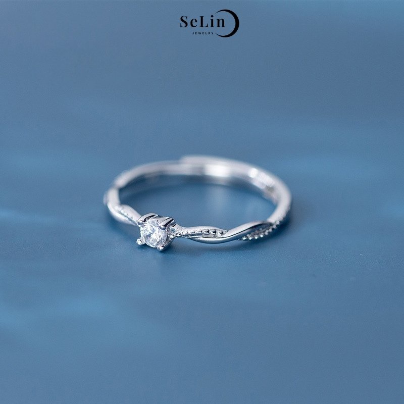 Nhẫn bạc 925 nữ đẹp đính đá cao cấp ổ  4 chấu thân chéo cá tính SELIN JEWELRY - 0013