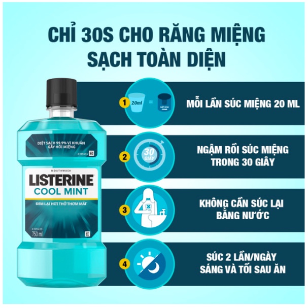 Combo 2 chai nước súc miệng diệt khuẩn giữ hơi thở thơm mát Listerine Cool Mint 750ml/chai