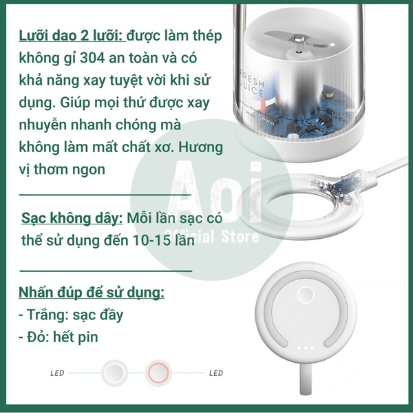 Bình Xay Sinh Tố Aoi Fresh Sạc Không Dây Tiện Lợi 350ml - Xay Hoa Quả, Rau, Đá Viên - Aoi Official Store