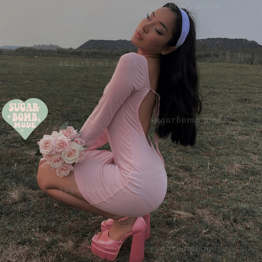 Đầm Body Hở Lưng Sexy Váy Ôm Hồng Sang Chảnh Cá Tính Khoét Lưng Tay Dài Thun Co Giãn Tốt Đi Chơi sugarbomb.mode
