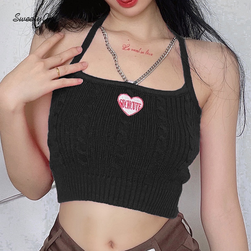 Áo hai dây dệt kim dáng ôm thêu họa tiết trái tim phối dây xích kim loại thời trang cho nữ