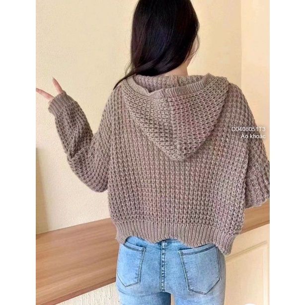 Áo khoác Len đan lỗ có nón dài tay bo ống khoá kéo XINH TT0408