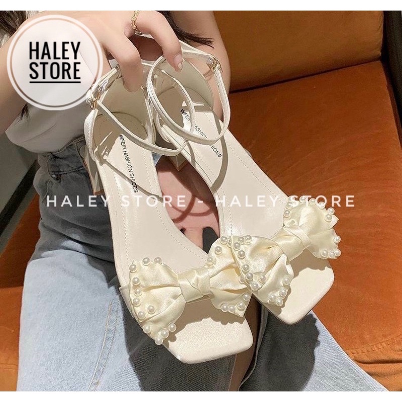 Giày sandal nữ HALEY STORE gót vuông cao 5cm dễ đi da lụa đính nơ ngọc đi chơi đi tiệc đi cưới cô dâu tiểu thư