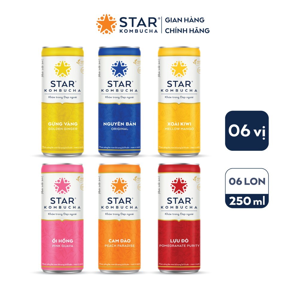 Combo 1 thùng 6 lon trà STAR KOMBUCHA mix vị + 1 Combo 4 lon trà STAR KOMBUCHA Detox Pack (250ml/lon)