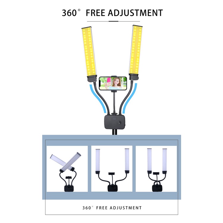 Đèn quay Tiktok 2 râu 3 màu LIVESTREAM chuyên dùng trong spa tattoo nối mi phun xăm trang điểm DOUBLE ARM LED