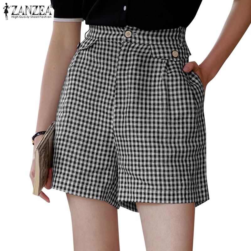 Zanzea Quần Short Lưng Thun Có Túi Họa Tiết Sọc Caro Thời Trang Cho Nữ