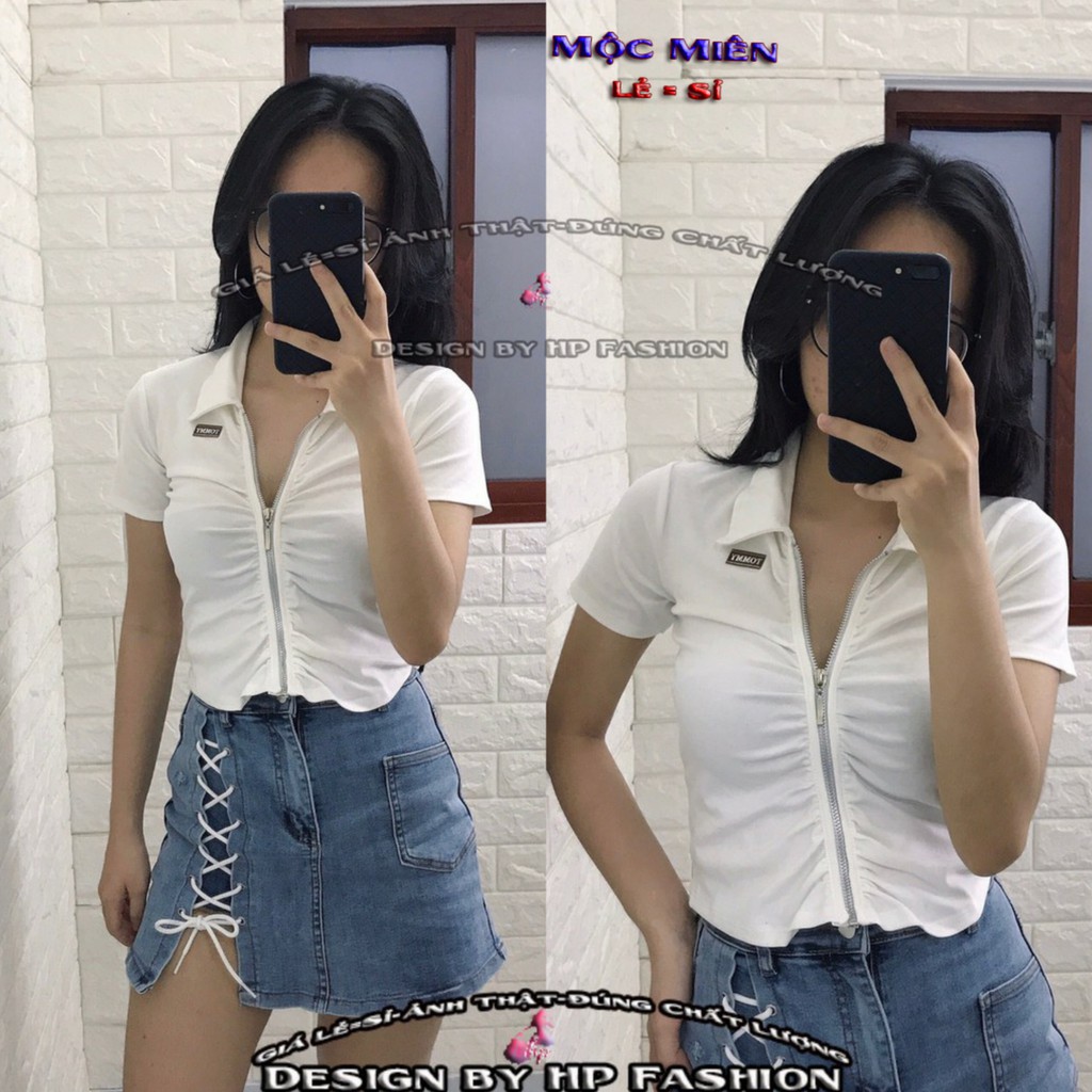 Áo thun nữ kiểu dáng croptop ôm body cổ bẻ polo dây kéo cực dễ thương mẫu mới thời trang nữ 2021