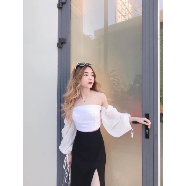 Áo Croptop Ôm Trễ Vai Có Mút Ngực Tay Có Dây Rút siêu xinh