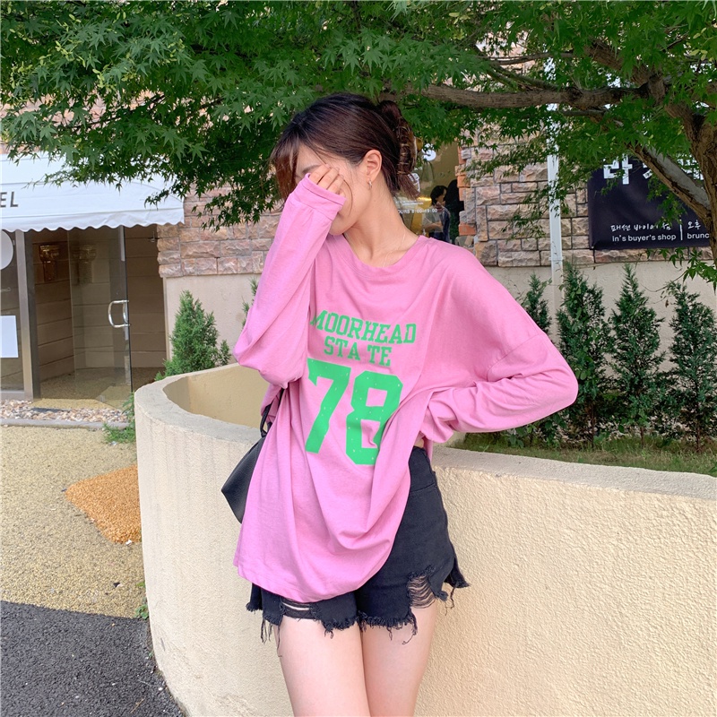 SUXI Áo Thun Tay Dài Cổ Tròn Dáng Rộng In Chữ Thời Trang Mùa Hè Xinh Xắn Cho Nữ