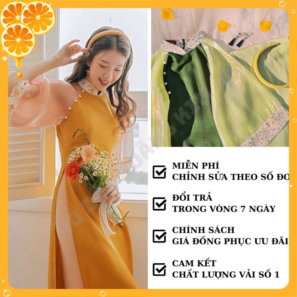 ◑ÁO DÀI CÁCH TÂN NỮ THIẾT KẾ TAY PHỐI TƠ HOA NHÍ ĐÍNH NGỌC MÀU VÀNG VÀ XANH - TRUYỀN THỐNG MAY SẴN-ÁO LỤA
