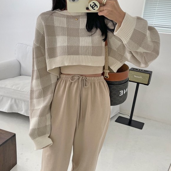 QADCOL Áo sweater croptop tay dài họa tiết caro xinh xắn thời trang cho nữ