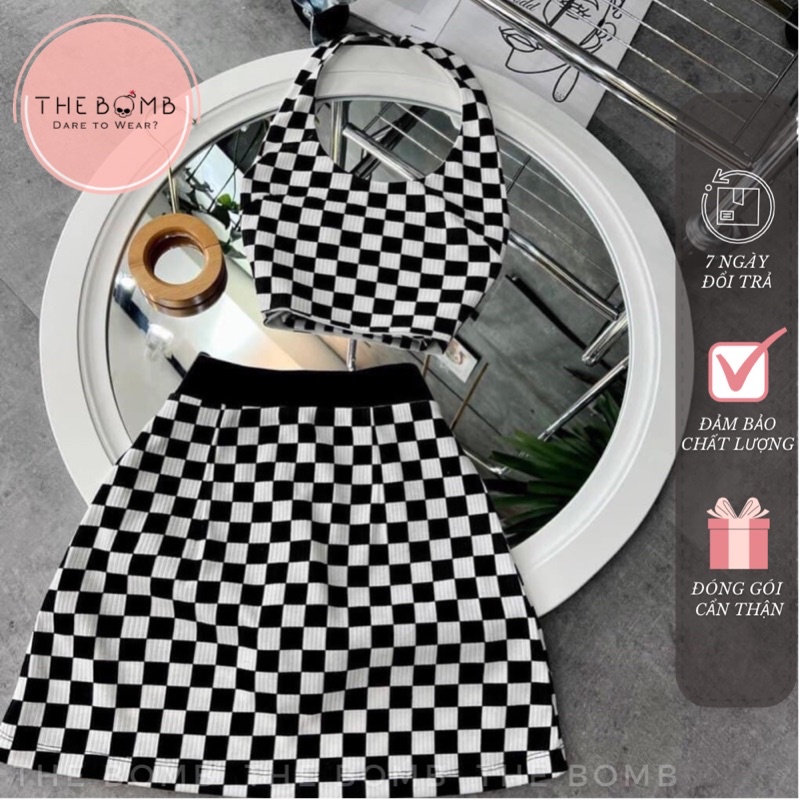 Set váy áo croptop nữ caro - áo croptop caro, váy caro đen trắng/xanh trắng (ảnh thật)