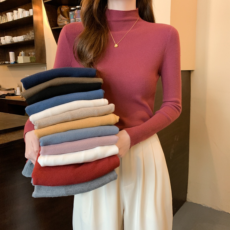 Áo Len Thu Đông Nữ CHIC Dài Tay Cổ Cao Vải Len Lụa Mềm Hàng Quảng Châu Cao Cấp