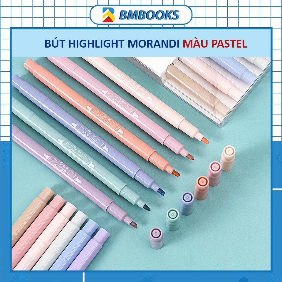 Bút highlight 2 đầu Double Head set 6 bút Morandi màu pastel thiết kế thân tròn hoặc thân vuông Hàn Quốc BMBooks