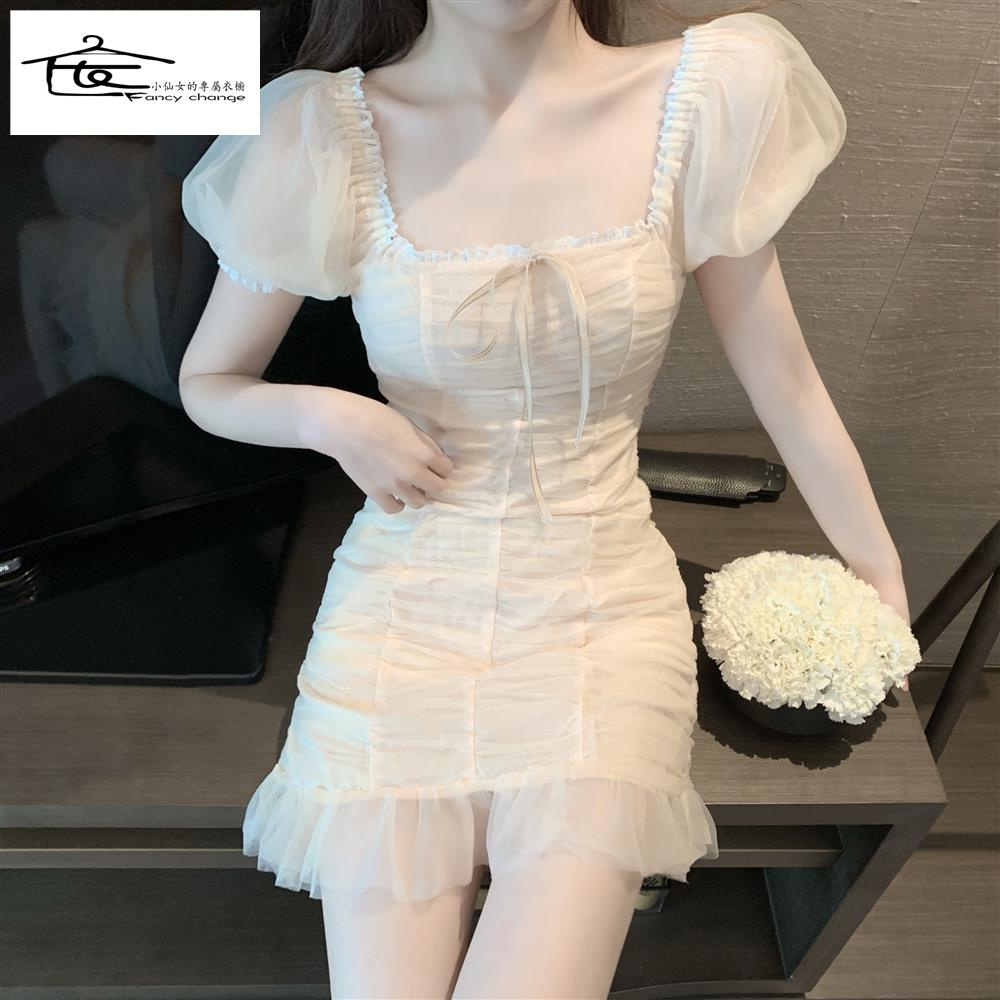 Đầm Mùa Hè Kiểu Mới Phong Cách Retro Xếp Ly Tay Phồng Có Dây Rút Cho Nữ 2022