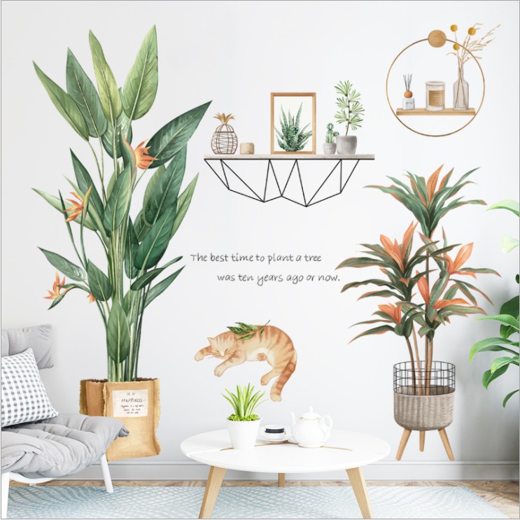 Decal trang trí dán tường - CHẬU CÂY PHÁT TÀI MÈO LƯỜI NGỦ TRƯA