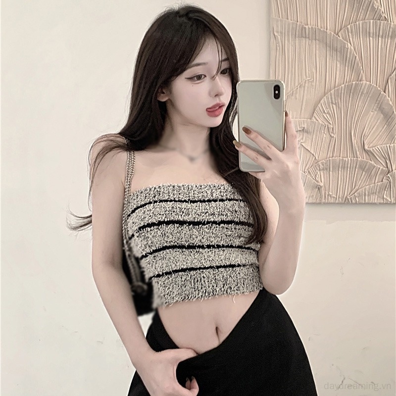 Áo Thun Hai Dây Mỏng Nhẹ Họa Tiết Kẻ Sọc Gợi Cảm Cho Nữ