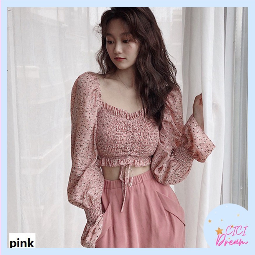 Áo croptop trễ vai nữ hoa nhí dài tay bồng dây rút - Áo croptop nữ trễ vai hoa nhí cổ vuông dây rút babydoll dài tay bo