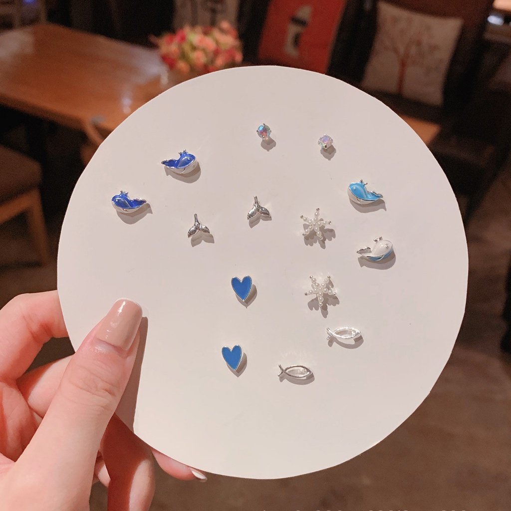 Set 7 đôi bông tai bạc S925 thời trang Hàn Quốc 2022