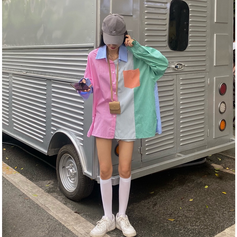 Áo sơ mi tay dài phối màu tương phản phong cách Hàn Quốc dành cho nữ