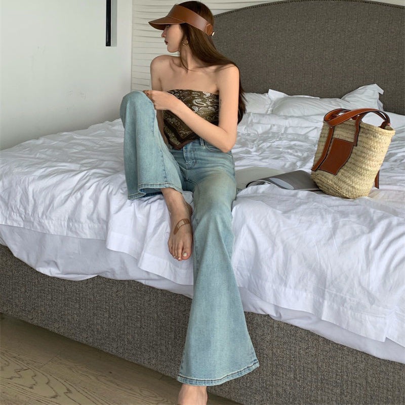 Quần jean dài ống loe lưng cao phong cách mùa hè thời trang cho nữ