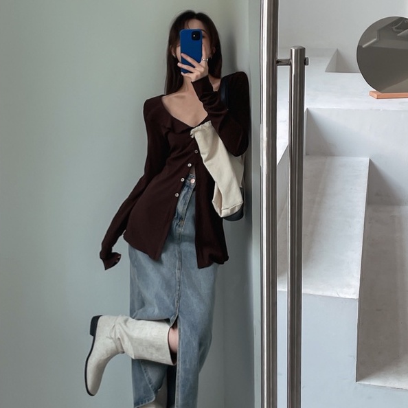 Áo sơ mi cổ V dáng dài áo thun body WANAWEAR phong cách retro cổ điển quyến rũ