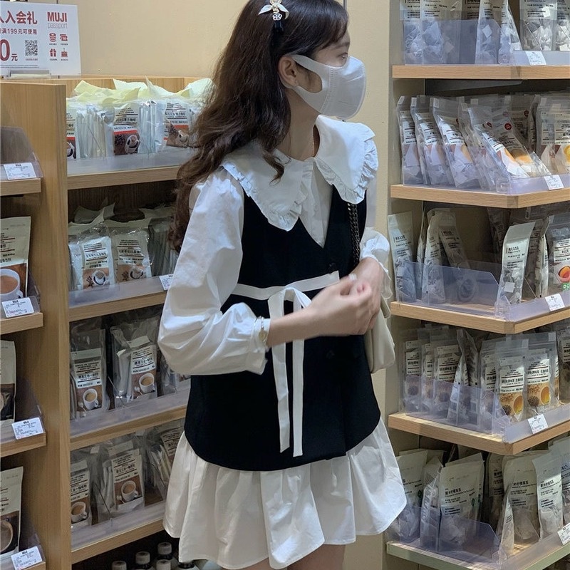 Đầm Trắng Dài Tay Cổ Búp Bê Phong Cách Hàn Quốc Cho Nữ