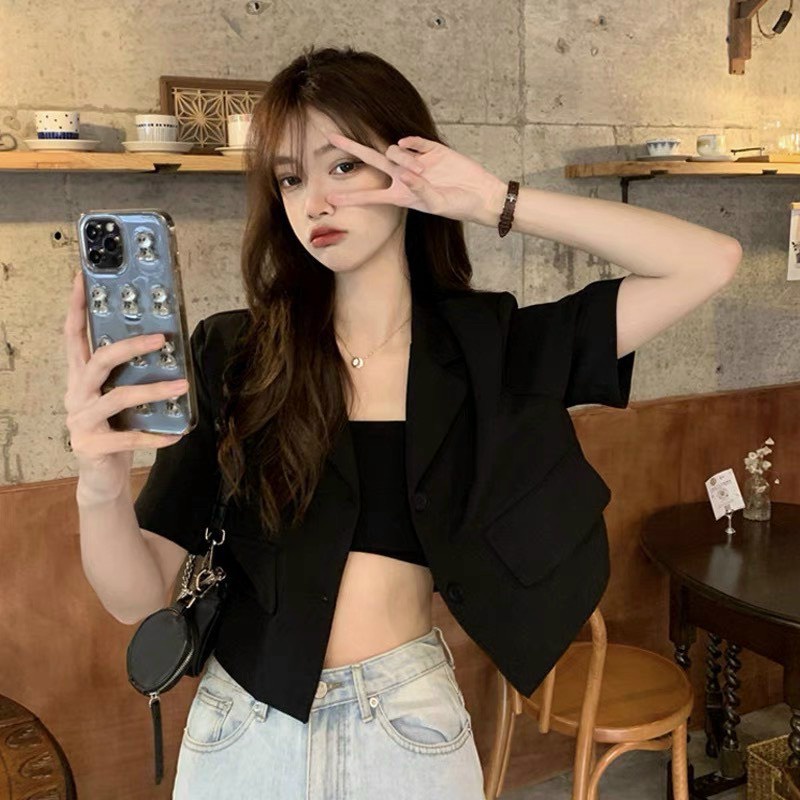 Áo Blazer Croptop  Form Ngắn Dáng Lửng Cổ Vest Chất Dày Dặn Không Nhăn Xanh Lá Xanh Cốm Đen Trắng
