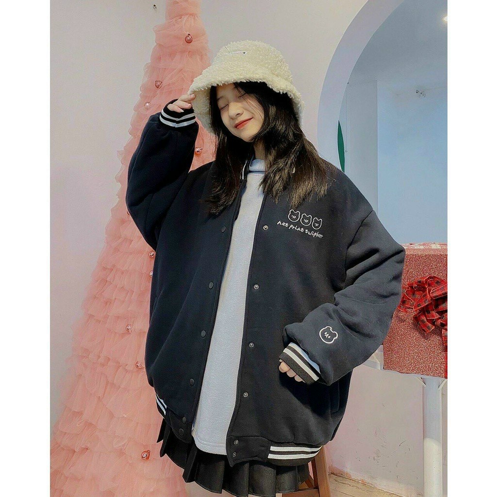 Áo Khoác Cardigan Nỉ Thêu 3 Mặt Con Gấu Siêu Cute - Bomer Jacket Thu Đông - From Rộng Unisex Nam Nữ Couple