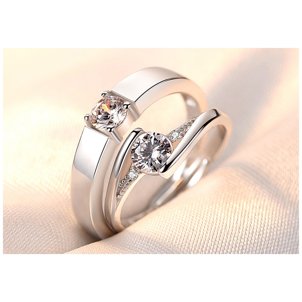 Nhẫn đôi bạc nguyên chất 925 với kim cương có thể điều chỉnh được nam và nữ nhẫn đồ trang sức cưới