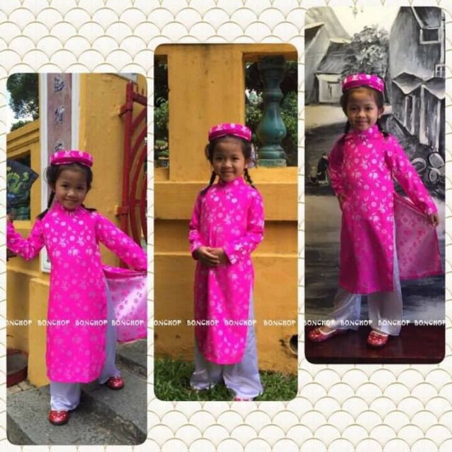 Bộ áo dài truyền thống vải Thái Tuấn cho bé gái màu hồng sen ( kèm nón)