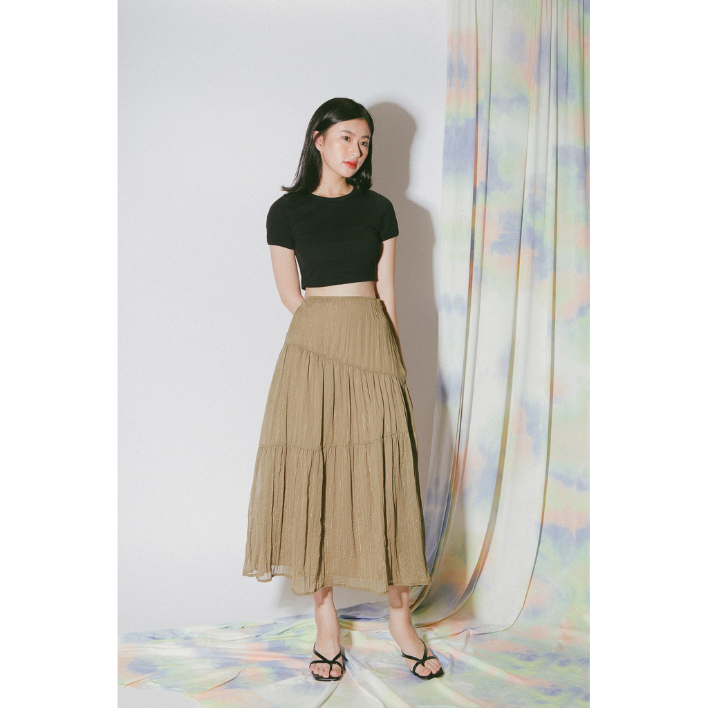 Chân váy dài vải kim tuyến màu ranh rêu có nhún thun trên thân | BigBuy360 - bigbuy360.vn