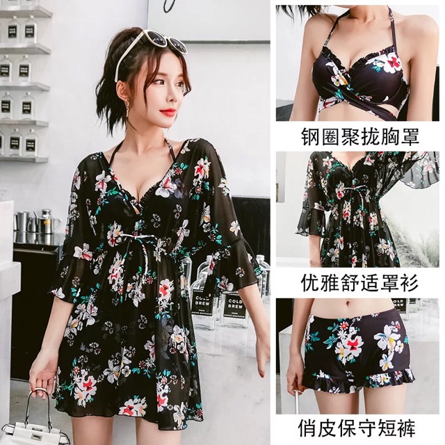 Bikini áo tắm cao cấp, đồ bơi nữ 3 mảnh, với áo choàng dáng váy đi biển hoạ tiết hoa | BigBuy360 - bigbuy360.vn