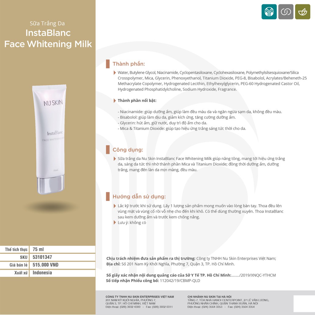 Sữa Dưỡng Trắng Da Tức Thì Nuskin InstaBlanc Face Whitening Milk 75ml Chính Hãng