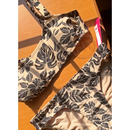 Bikini Đồ Bơi Đi Biển 2 Mảnh hở lưng cài khóa sát nách cổ vuông chữ U nâu nhạt Họa Tiết Lá Cọ sexy Quyến rũ