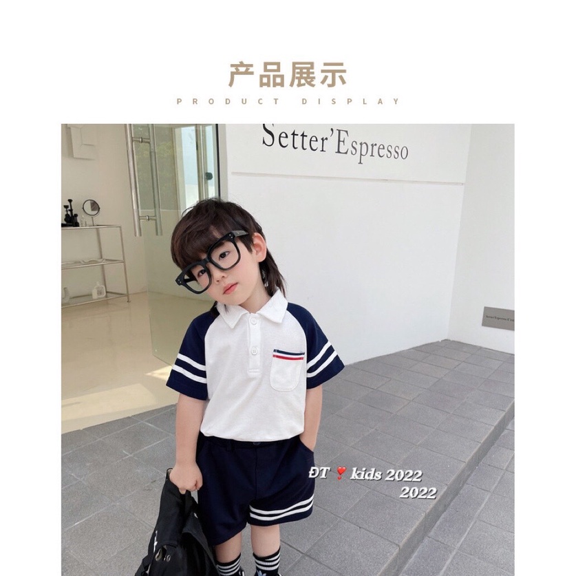 Bộ quần áo bé trai cổ bẻ mẫu mới chất liệu cotton mềm mại hai màu tím than, Xám