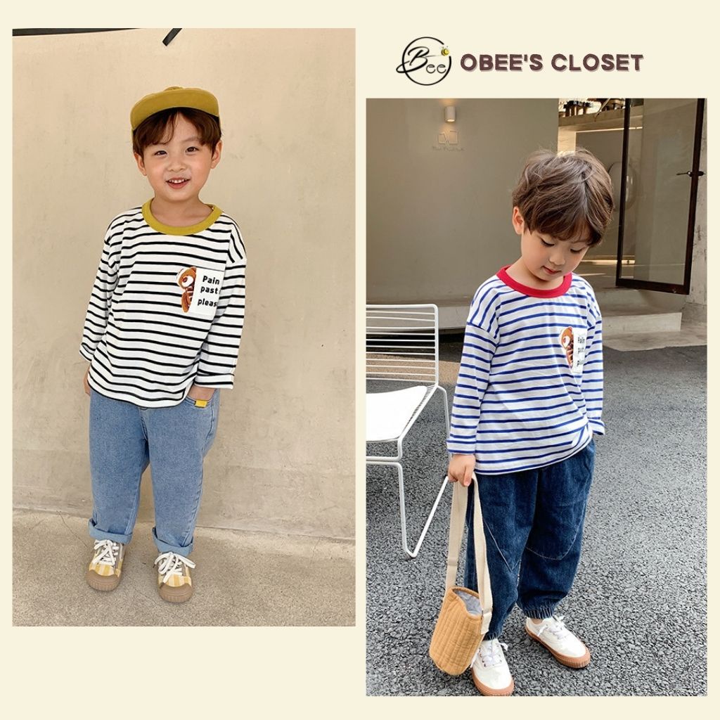 Áo thun dài tay bé trai Obee's Closet Áo thun sọc cotton cổ tròn