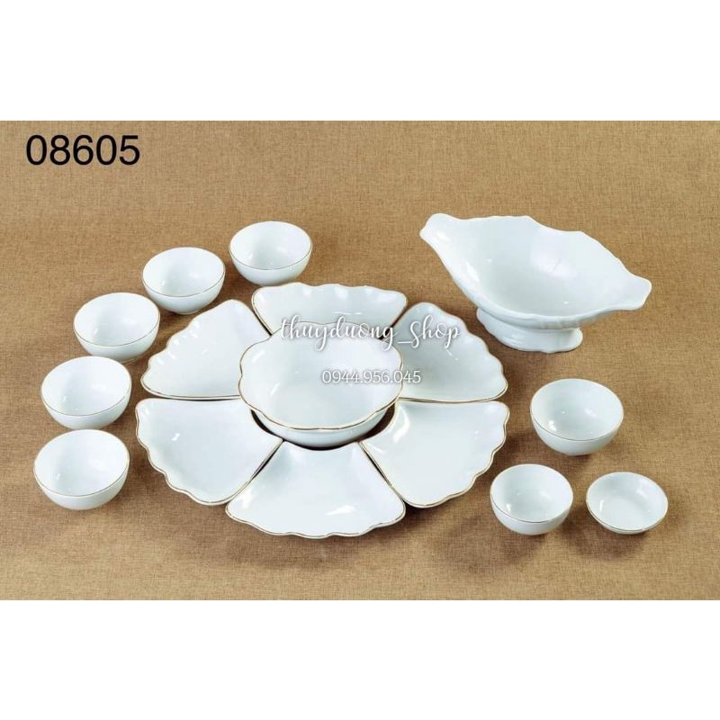 Bộ bát đĩa hoa mặt trời men trắng viền vàng