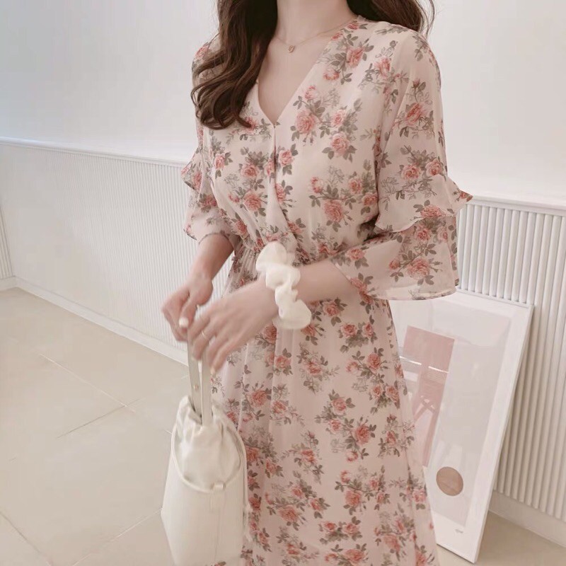 {Order bigsize,L-4xl}Váy hoa vintage cổ đáp chéo xinh xắn chun eo