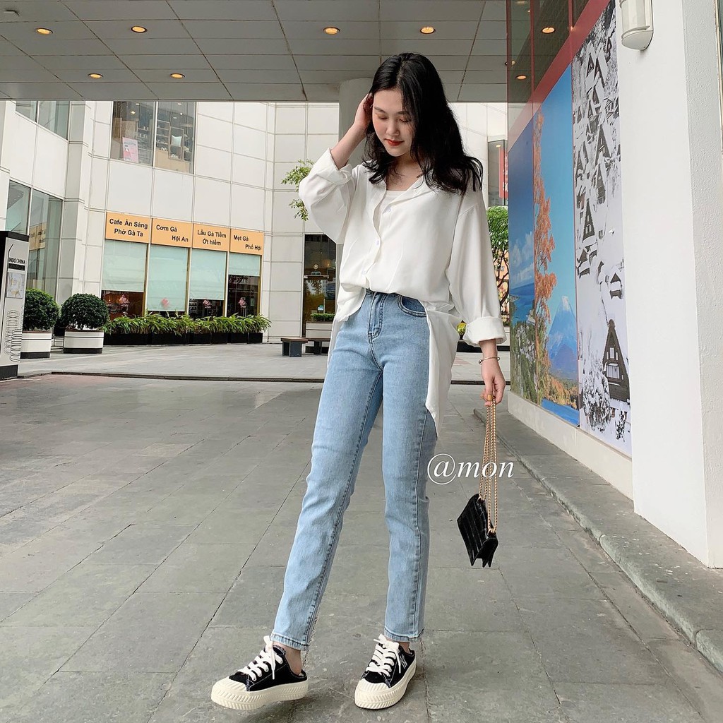 2101359 Quần jeans nữ ulzzang chất jeans mềm co giãn tốt dáng ôm loe nhẹ ống đứng 2 màu đen, xanh có size | BigBuy360 - bigbuy360.vn
