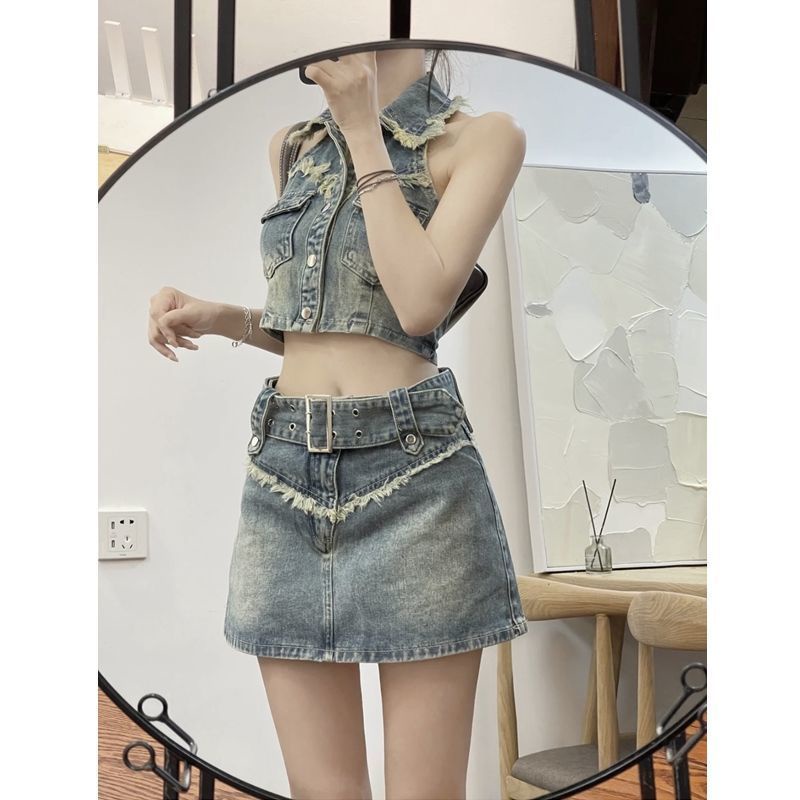 Set Áo Yếm Denim Và Chân Váy Phong Cách Retro Quyến Rũ Dành Cho Nữ