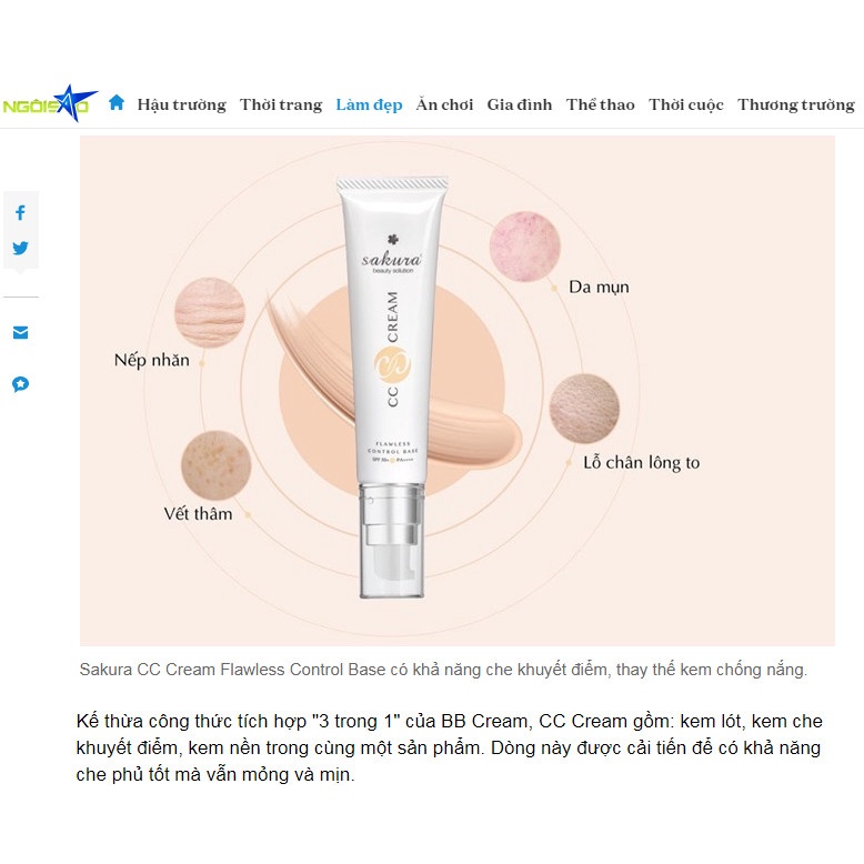 Kem trang điểm, chống nắng đa năng Sakura CC Cream Flawless Control Base SPF50+ PA++++ 40ml