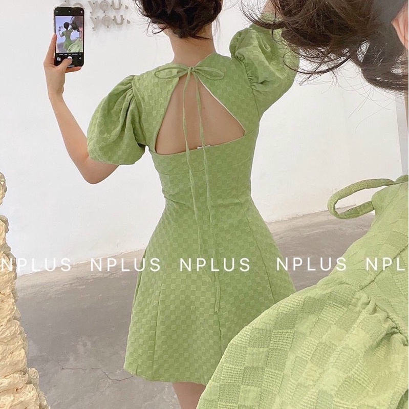 ĐẦM XỐP XANH CÚP NGỰC TAY BỒNG CUT OUT LƯNG