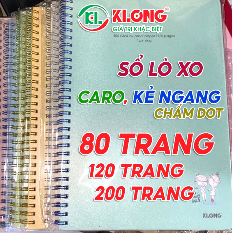 Sổ / Vở lò xo kép Caro, Kẻ Ngang, Dot Grid Klong B5 bìa nhựa 80 / 120 / 200 trang đủ loại