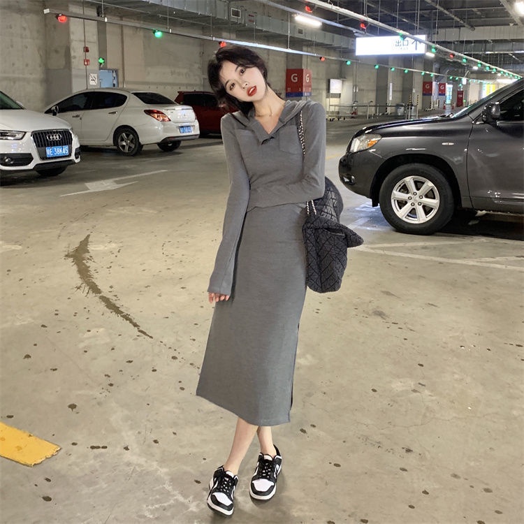 COZOK Đầm Hoodie Tay Dài Dáng Ôm Xẻ Tà Cá Tính Thời Trang Cho Nữ