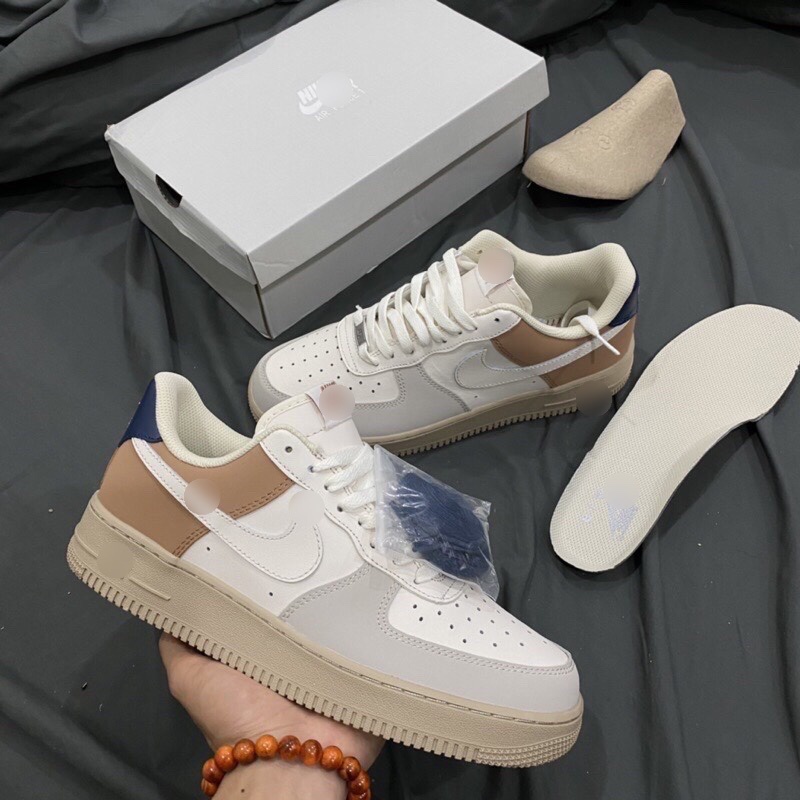 GIÀY AF1 LOW MI.LAN BRO.WN NANY LAI AU, GIẦY SNEAKER THỂ THAO TRẮNG SỮA NÂU GÓT XANH