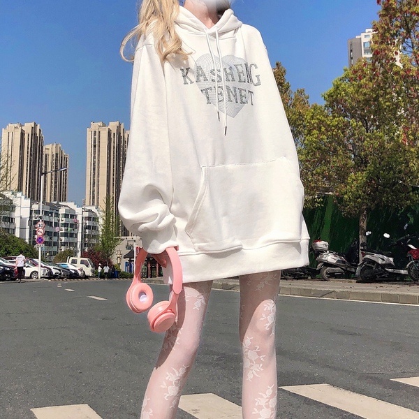 Áo Hoodie Dáng Rộng In Chữ Và Trái Tim Xinh Xắn Dễ Phối Đồ