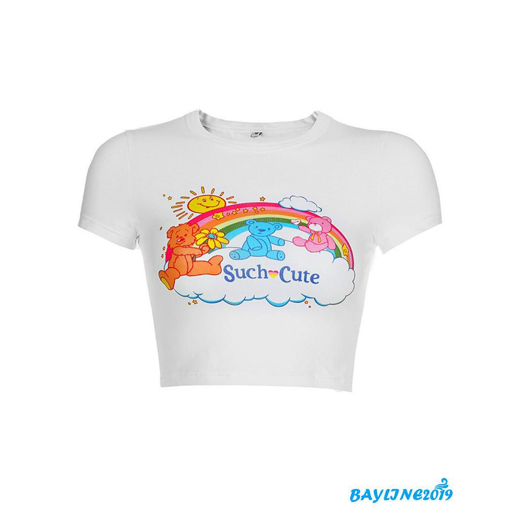 Áo Croptop Tay Ngắn In Hình Cầu Vồng Dễ Thương Cho Bạn Nữ