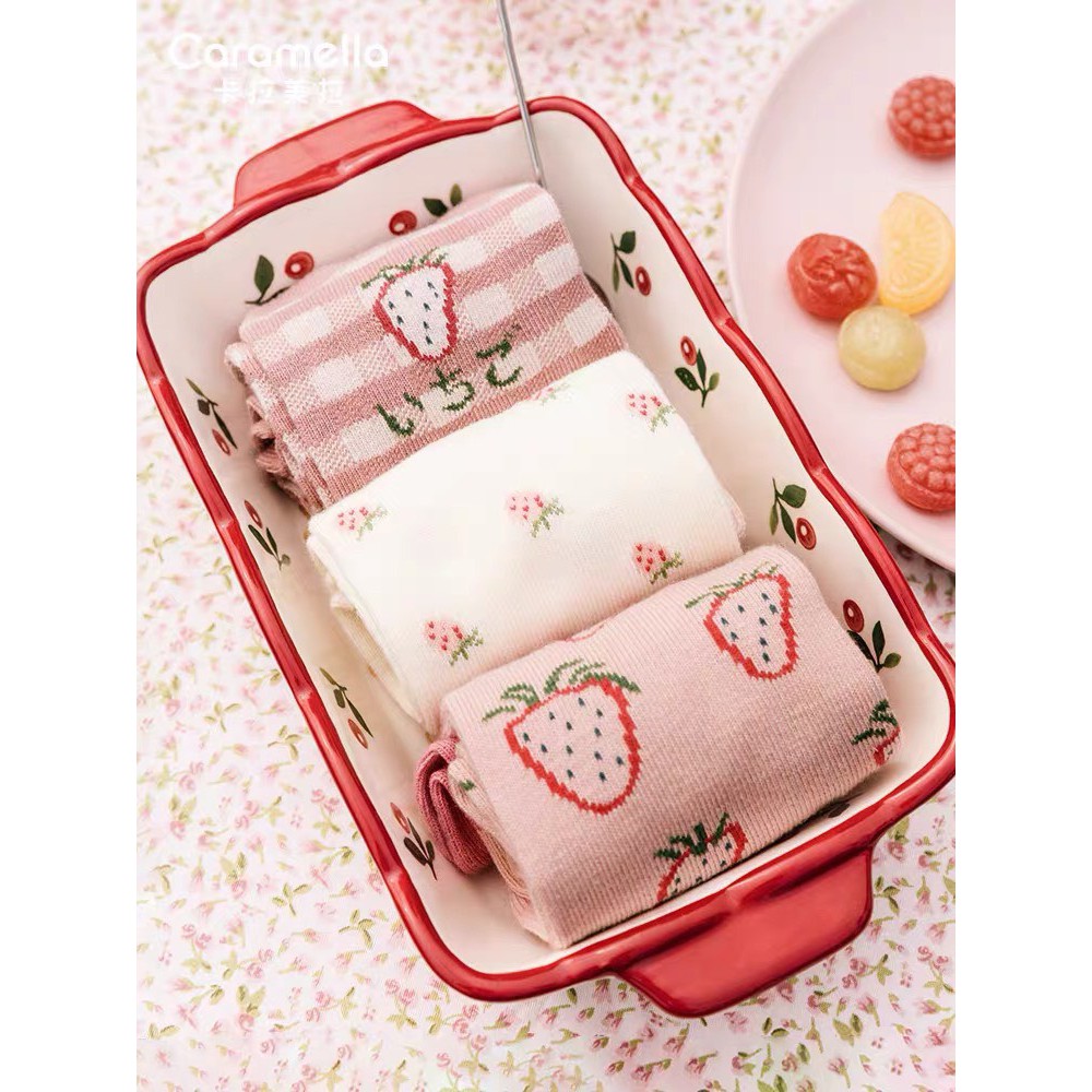 Tất nữ dâu tây hồng Vemico cổ cao cotton mềm mịn cực xịn TN109
